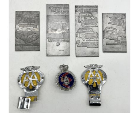 A car collection of automobilia including four metal advertising plates for the Mini Cooper range along with two AA badges an