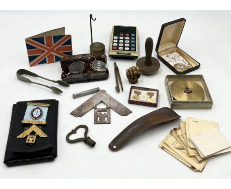A collection of various items including silver Masonic jewel, compact with Royal Navy badge, commodore calculator etc. 