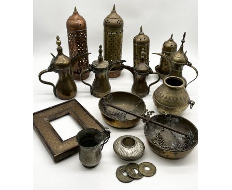 A collection of various Eastern brass including coffee pots, scales, weights, lanterns, pots etc. 