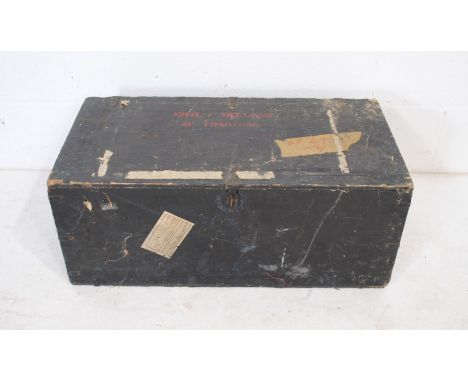 A black painted military trunk, named to 'Emil F Hellman' - length 81cm, depth 40.5cm, height 33cm