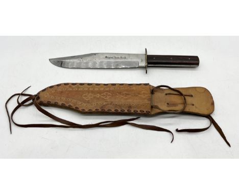 "Original Bowie Knife" stamped Sussex Armoury with brass guard in suede scabbard 