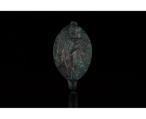 c. 323-31 BC. Greek Hellenistic period. A bronze ring with a round loop and flattened elliptical bevel bearing an incised fig