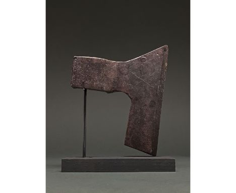 900-1100 AD. Viking Age. Iron battle axe with heavy, elongated, straight blade, tapering cheek and reinforced rectangular pol