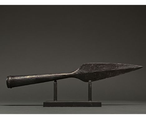 900-1100 AD. Viking Age. Large iron lancehead with pointed, leaf-shaped blade with bevelling, flaring neck and circular socke