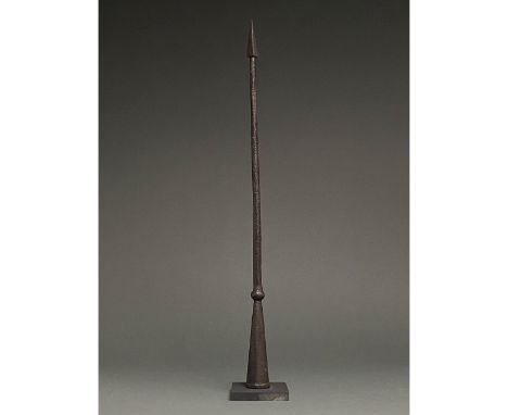 C. 100-300 AD. Roman. A rare, large iron pilum spear head with a barbed, triangular blade, a long, narrow neck, and a spheric