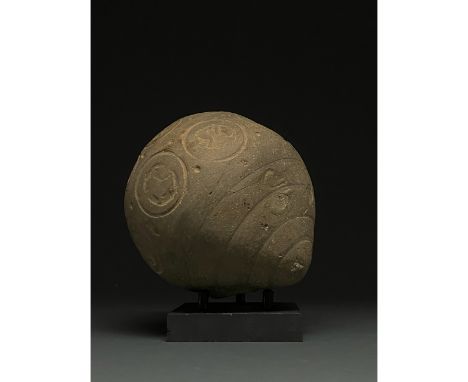 900-1200 AD, Byzantine. Decorated Byzantine "fire grenade" comprising a brownish-cream ceramic vessel with a spheroconical bo