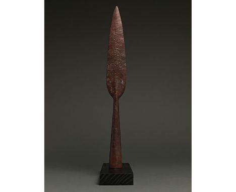 900-1100 AD. Viking Age. Large iron spearhead with pointed, leaf-shaped blade, flaring neck and circular socket. The era know