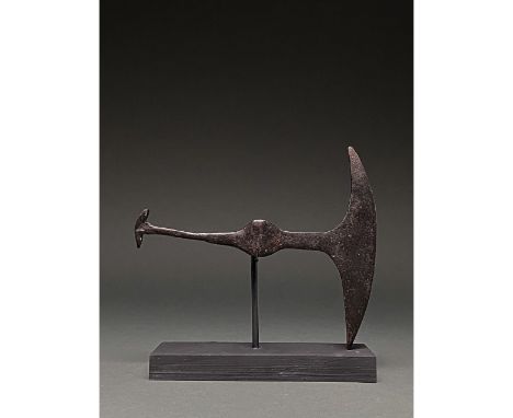 900-1100 AD. Viking Age. Rare iron battle axe with a wide, crescentic blade, tapering cheek, reinforced poll and socket. On t