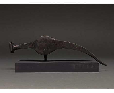 1300-1400 AD. Medieval European. Iron war hammer with square face, short cylindrical throat, square neck, rounded head and lo