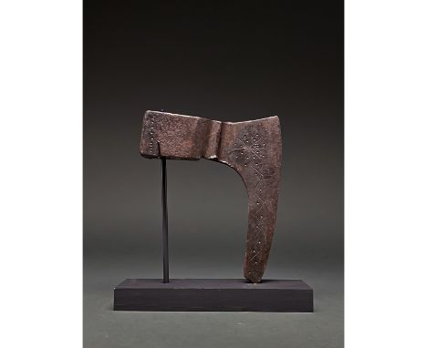 900-1100 AD. Viking Age. Iron battle axe with elongated, curving blade, tapering cheek and reinforced poll. An incised star m