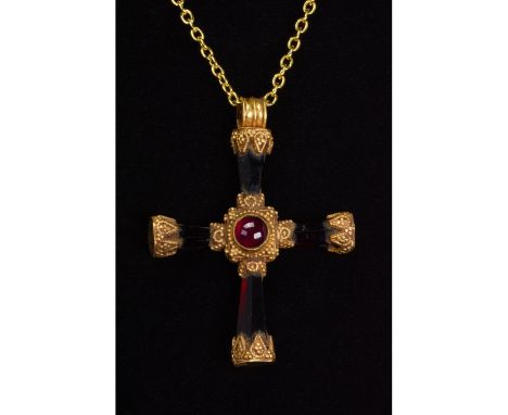 1100-1300. Byzantine. Stunning gold cross with rounded, ribbed suspension loop, gold terminals and crosspiece with elaborate 