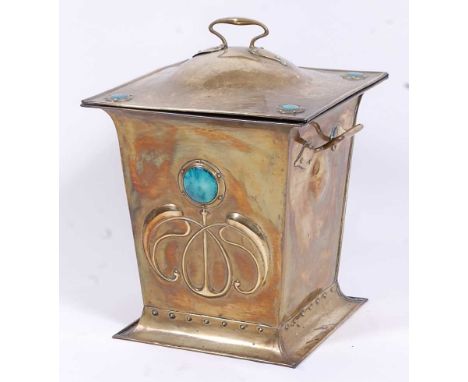 Attributed to Liberty &amp; Co - an Arts &amp; Crafts brass and Ruskin turquoise enamel inset coal box, of square slightly ta