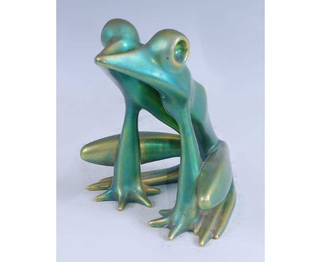 Zsolnay Pecs - a 1930s green lustre ceramic frog, in seated pose, with printed backstamp verso, h.15.8cmCondition report: Som