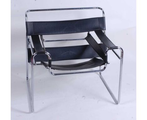 After Marcel Breuer - a Wassily chair, tubular chrome framed with black leather slung back, seat and arm rests, w.77cmConditi