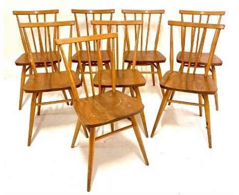 A set of eight 1960s Ercol light elm stickback kitchen chairs, each w.40cm