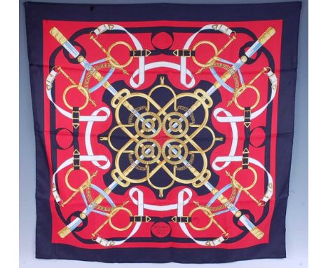 Hermés - a Eperon d'Or vintage silk Sellier scarf, titled to centre and signed to lower centre, 89 x 89cm