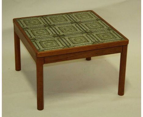 A 1960s Trioh of Denmark teak and tile-top inset square coffee table, having rounded corners and raised on turned supports, s