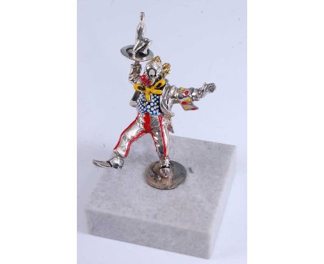 A contemporary Italian Sorini sterling silver and enamel decorated novelty figure, of a clown modelled as a waiter, in unstea