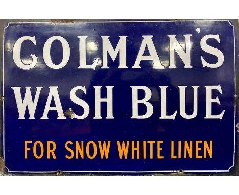 An early 20th century enamel on metal advertising sign for 'Colman's Wash Blue for Snow White Linen', 40.5 x 61.5cm