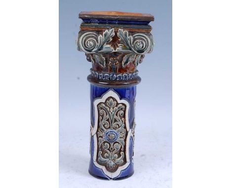 An 1884 Doulton Lambeth stoneware column, the voluted Corinthian capital with acanthus decoration above deeply incised foliat