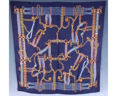 A vintage French silk scarf, with chain link and ropetwist decoration, 85 x 85cm; together with one other vintage French silk