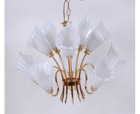 A 1980s Italian Murano glass and gilt brass hanging ten light electrolier, the tulip flowerhead glass shades housed on shaped