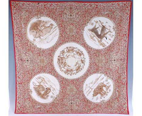 James Purdey &amp; Sons - a large vintage silk scarf, the five roundels decorated with safari animals within profusely scroll