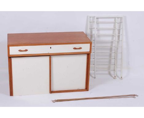 A 1970s Ladderax teak twin modular low side unit, comprising; single drawer shelf unit and twin panel sliding door cupboard u