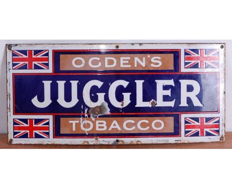An early 20th century enamel on metal advertising sign for 'Ogden's Juggler Tobacco', 25.5 x 56cm 