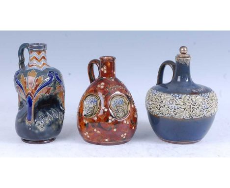 A circa 1891 Doulton Lambeth stoneware brandy carafe, the plated body above a dimpled body inscribed 'Brandy', incised monogr
