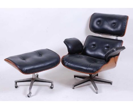 After Charles &amp; Ray Eames - a lounge chair and ottoman (670 &amp; 671), circa 1960s, bent plywood shell, black leather bu