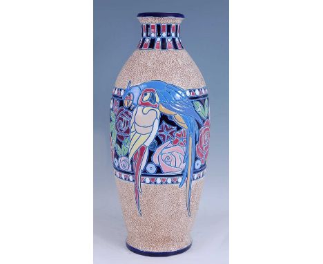 A Czechoslovakian Art Deco large ceramic vase, of slightly ovoid form, incise relief and bright colour decorated with stylise
