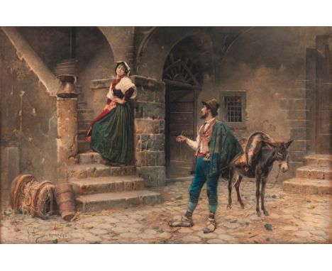 Simoni, GustavoRom 1846 - Palestrina 192664 x 97 cmPlauderei im Hof. Aquarell/Papier, auf Lwd. aufgelegt, unten links signier