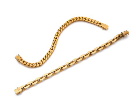 Konvolut 2 Armbänderwohl ItalienB. 6,8mm, L. 19,5cm/ B. ca. 8,3mm, L. 19cmFlachpanzer Muster 750/000 Gelbgold gestempelt, Gew