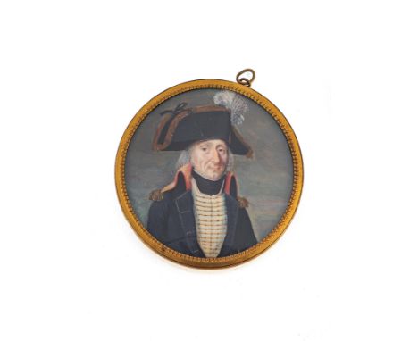 Portrait eines Offiziers in blauer UniformFrankreich, um 1810D. 7 cmFeine Gouachemalerei auf Elfenbein. Vergoldeter Messingra