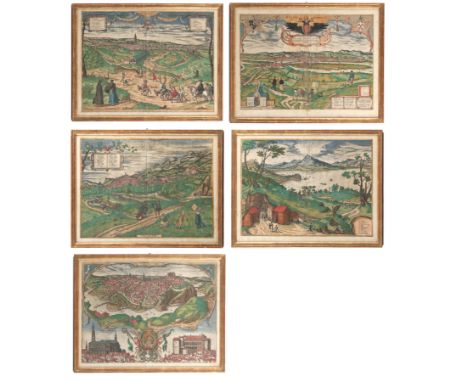 Fünf Ansichten von Regensburg, Neapel, Granada, Sevilla und Toledo16./17. Jhdt.36 x 50 cmFünf altkolorierte Radierungen mit A