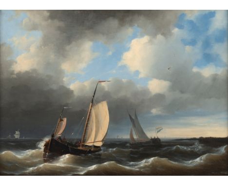 Niederländische Schule19. Jhdt.46 x 64 cmSegelschiffe in bewegter See. Öl/Lwd., unten rechts Restsignatur.Privatsammlung Bade