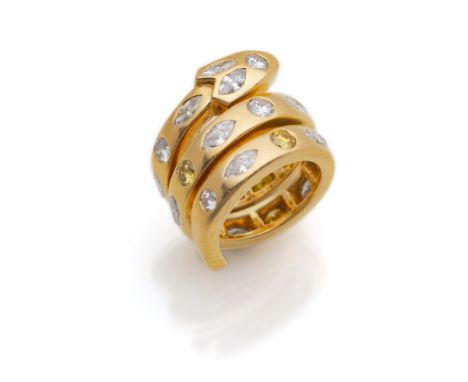 Vintage Schlangenring mit farbigen BrillantenParis Maison Cartier, um 1960/70RM 49/50750/000 Gelbgold gestempelt und signiert
