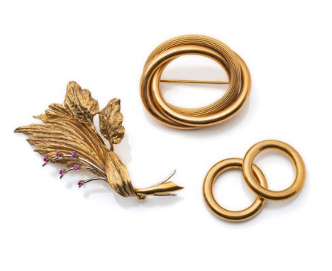 SchmuckkonvolutItalien42,6/34,8mm; RM 531 Gold Brosche, 750/000 Gelbgold getestet, ovale Form 42,6/34,8mm, Gewicht: 14,8g 1 B