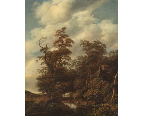 Decker, Cornelis Gerritsz.Haarlem (um) 1620 - 167855,5 x 45 cmBewaldete Flusslandschaft. Öl/Eichenholz, unten links bezeichne