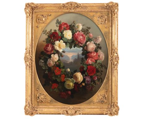 Peters, AnnaMannheim 1843 - Stuttgart 192680 x 65 cmAbendliche Seelandschaft in einem Blumenkranz. Öl/Lwd., doubl., unten rec