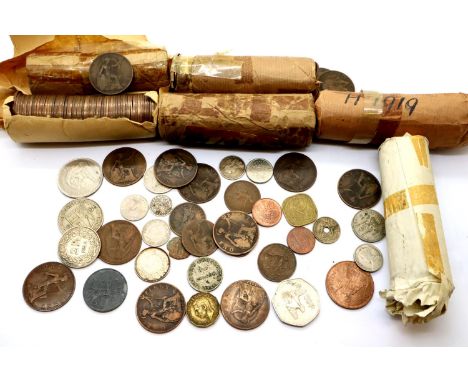 Collection of Heaton Mint pennies in rolls, some loose coinage with silver. P&amp;P Group 1 (£14+VAT for the first lot and £1