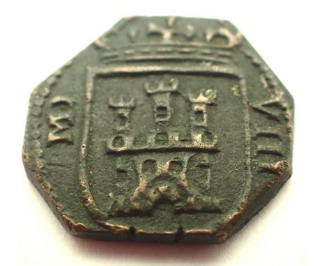 Spanish copper reale, Pirate Money of Philip IV (1621-1665) copper 8-Maravedis "cob" struck 1622 depicting a lion and castle.