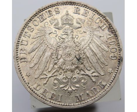 1909 - Silver 3 Marks of German Republic - Berlin mint. P&amp;P Group 1 (£14+VAT for the first lot and £1+VAT for subsequent 