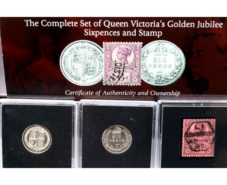 London Mint Office - Victoria's Golden Jubilee Sixpences and Stamp set, comprising the 1887 withdrawn sixpence, 1889 silver s