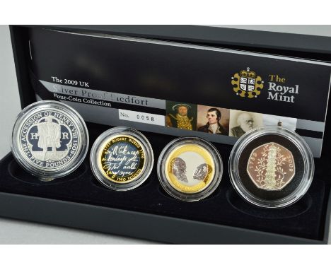 A ROYAL MINT SILVER PIEDFORT PROOF FOUR COIN COLLECTION 2009, containing the ultra rare Kew Gardens 50p coin complete with ce