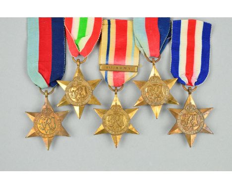 FIVE WWII STARS, to include 2 x 1939-45, Italy, Africa with 1st Army clasp, France and Germany