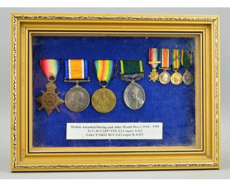 A GLAZED AND SEALED FRAME OF WWI AND LATER MEDALS AND MINIATURES, to CMT-2437 Pte J.J. Copper, Army Service Corps, later T/34