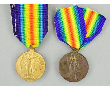 TWO WWI VICTORY MEDALS, named to 350562 Pte D. Laing, Royal Highlanders and R-277600 Pte R.L. Norez, ASC (dark patina)
