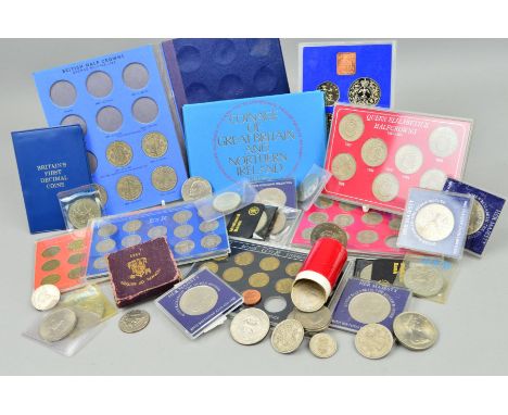 A BOX OF COINS AND COMMEMORATIVES, to include a Festival 1951 Crown, a 1966 silver 100 Peseta, etc